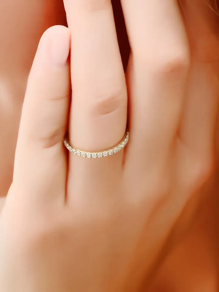 PAVE WEDDING BAND | Women Wedding Diamond Gold Ring | Moissanite Half Eternity Band | Yellow 14k Solid Gold Ring For Anniversary