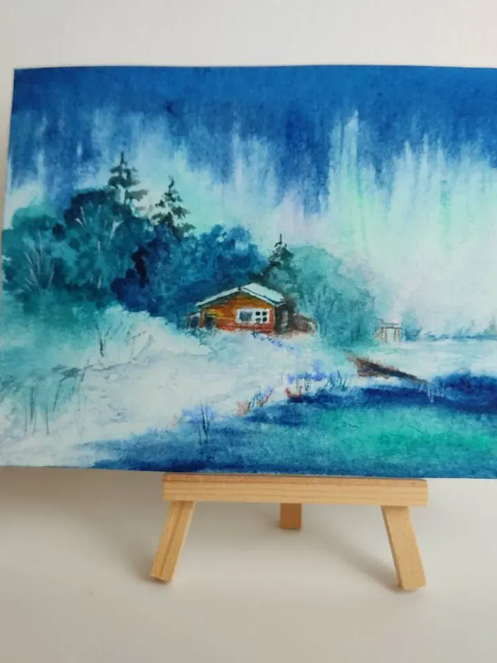 Northern lights landscape painting watercolor miniature 5 by 7.5