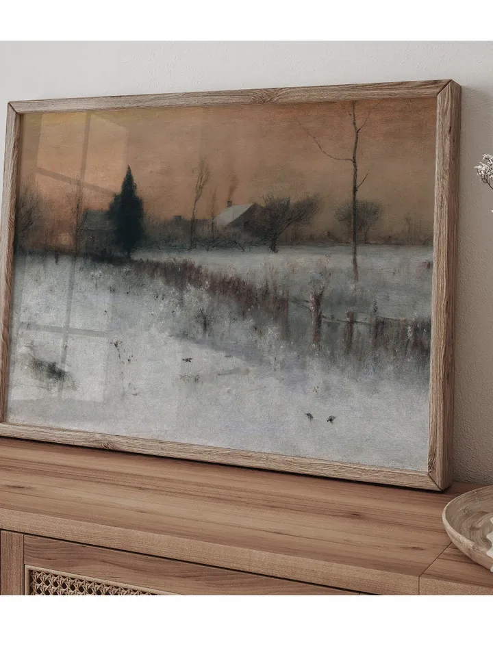 Evening Landscape Snowy Rural Oil Painting, Muted Print Vintage Decor, Printable Wall Art Downloadable | 279