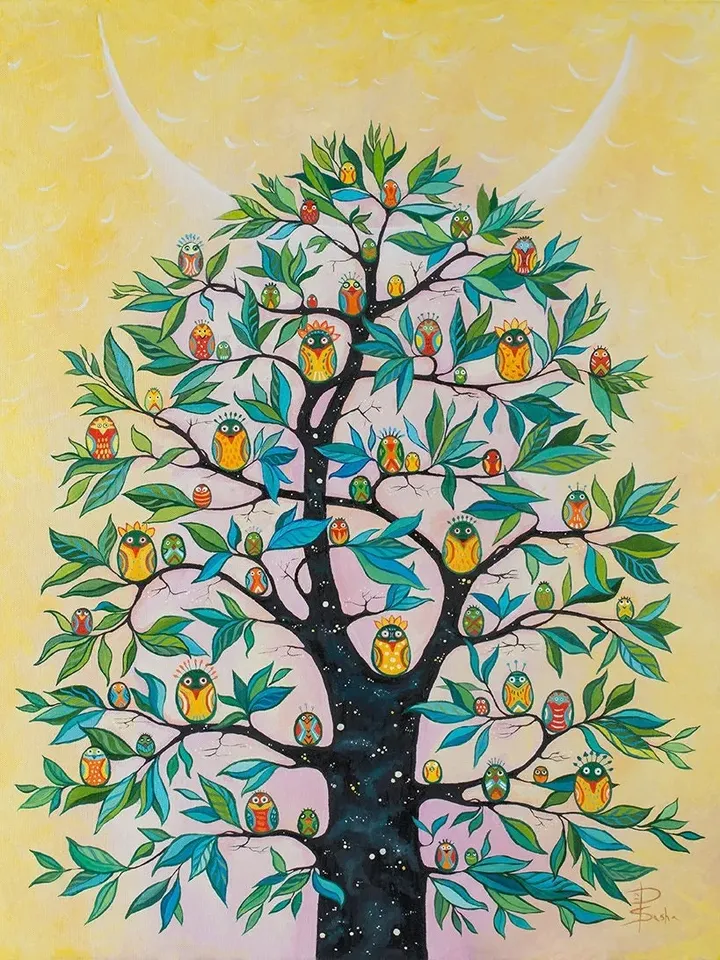 Magic Cosmic Tree, Lots of Birds on the Branches, Painting for Meditation, poster from the original work by Ukrainian artist A. Paranchenko