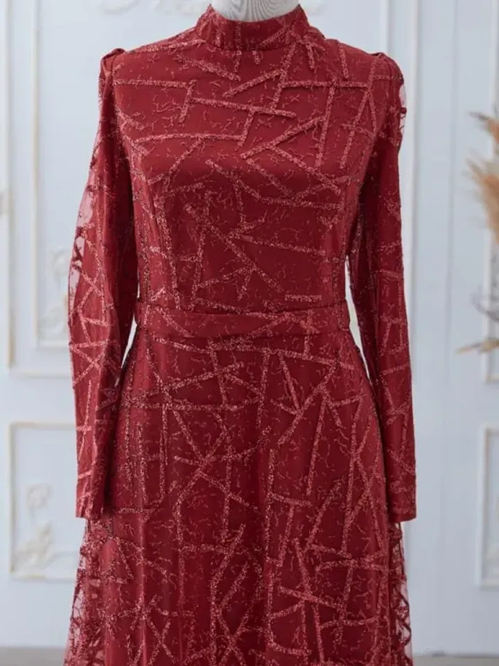 Parıltı burgundy silvery embroidered Ahunare Wedding Dress, Muslim Evening Gown, Nikah, Islamic Wedding, Engagement, Bridesmaid, Maxi Dress
