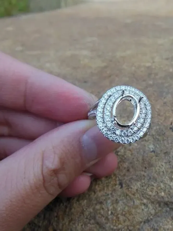 Double Halo Ring,Solid 14K White Gold Oval 7x10MM Fashion Semi Mount Ring / Diamond Ring