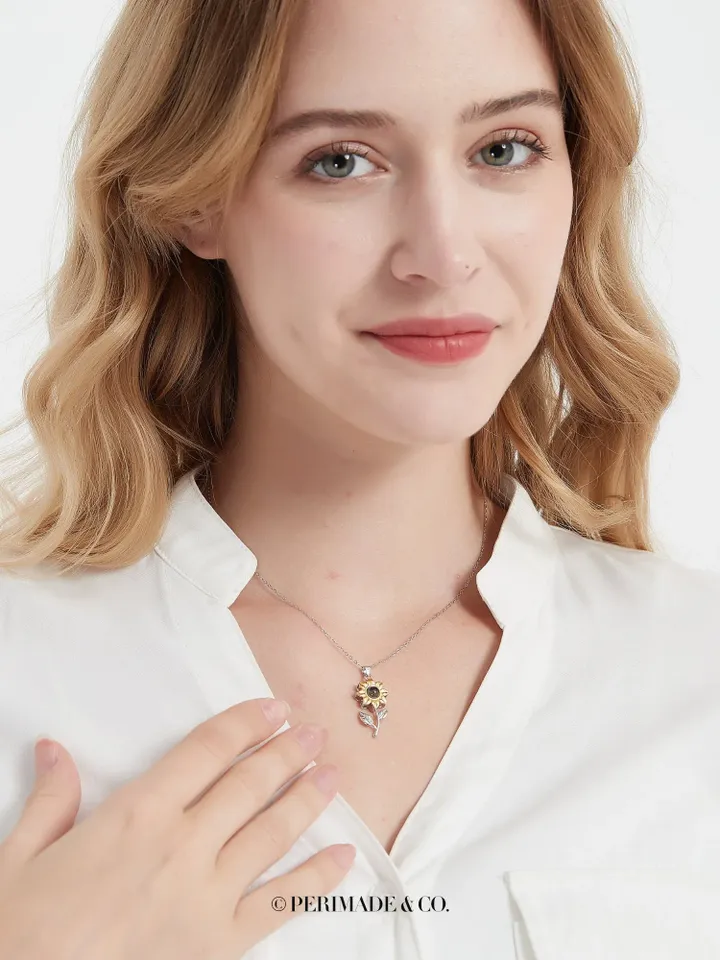 PERIMADE Silver Stereoscopic Sunflower Projection Necklace • One Hundred Language Jewelry • Custom Memorial Photo Pendant • Best Friend Gift