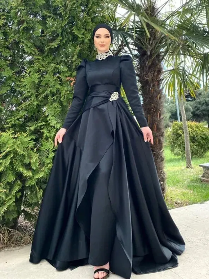Ahsen Black Satin Tailed Embroidered Ahuanare Wedding Dress, Muslim Evening Gown, Nikah, Islamic Wedding, Engagement, Bridesmaid,