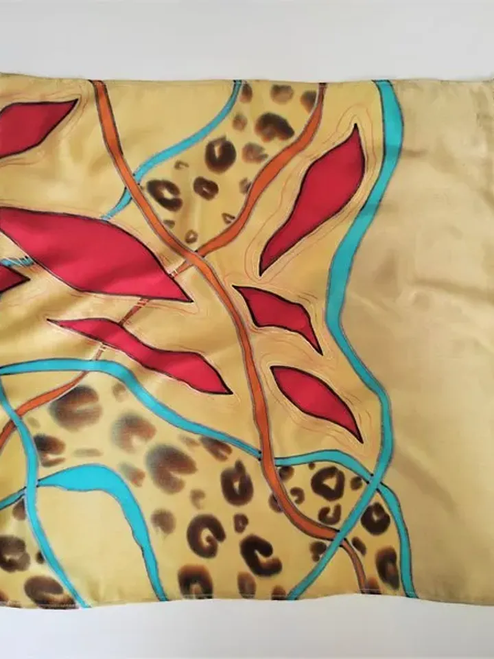 Small square silk neck scarf Red and gold silk scarf hand painted batik