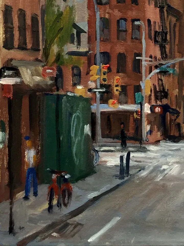 New York Cityscape Painting - Orchard and Rivington Street/NYC- 14x18 Oil on Canvas, Urban Impressionist Fine Art, Signed Original Landscape
