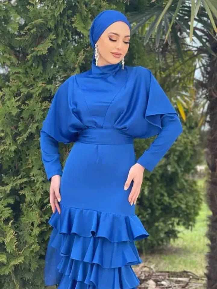 AHUNARE HIJAB - Asude Blue Satin Frilly Mermaid Wedding Dress, Muslim Evening Gown, Nikah, Islamic Wedding, Engagement, Bridesmaid,