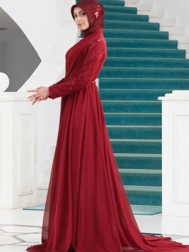 AHUNARE HIJAB - Dila Burgundy Chiffon Wedding Dress, Muslim Evening Gown, Nikah, Islamic Wedding, Engagement, Bridesmaid,