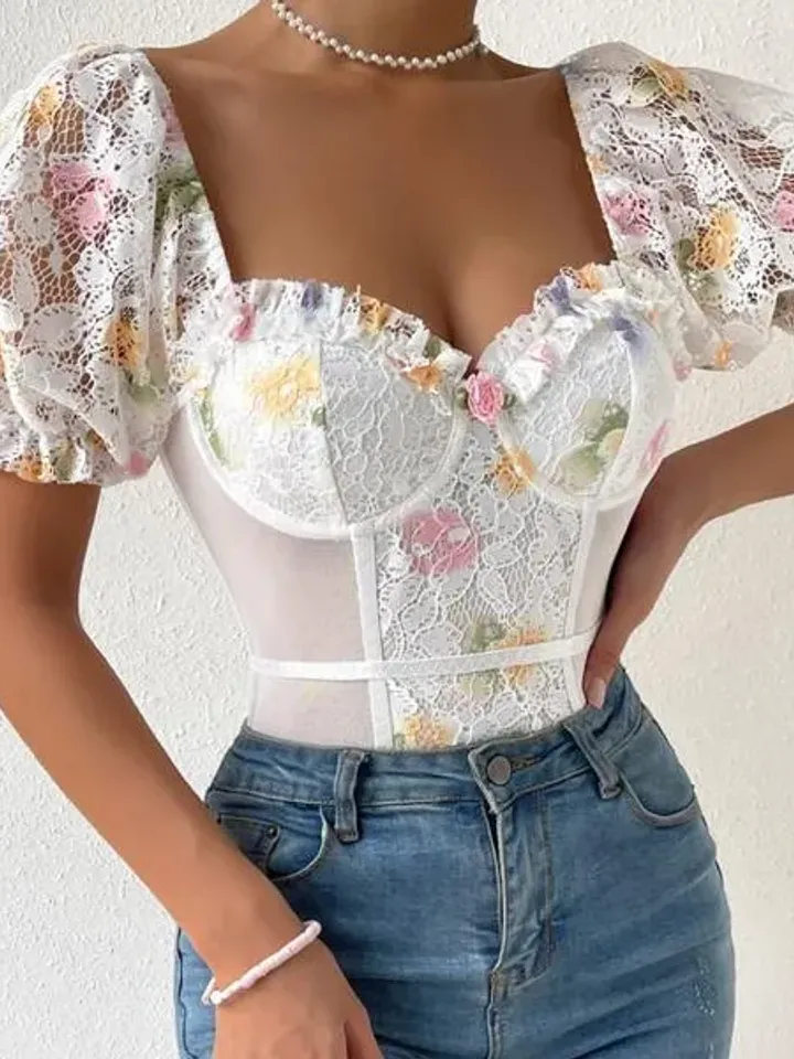 Sexy Floral Lace Sweetheart Neck Puff Sleeve Backless Skinny Bodysuit Top Tee Blouse