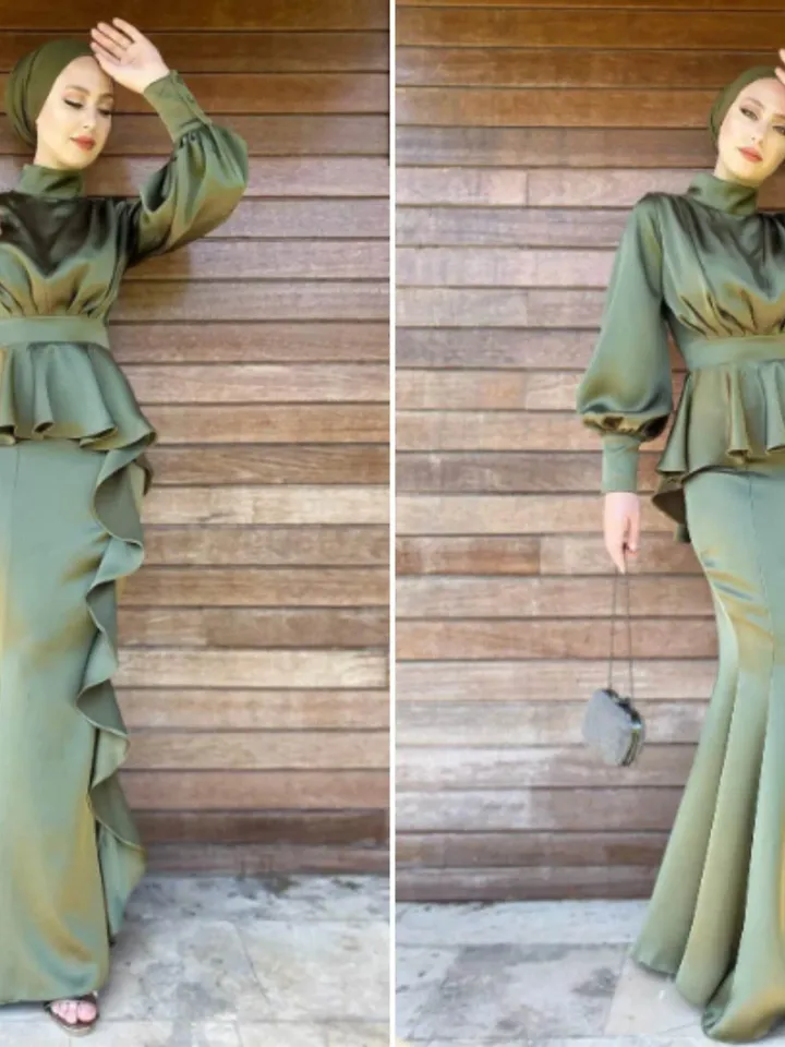 AHUNARE HIJAB - Lina Khaki Satin Wedding Dress, Muslim Evening Gown, Nikah, Islamic Wedding, Engagement, Bridesmaid,