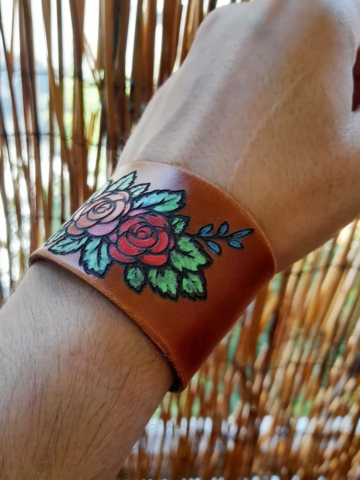 Red Roses Bracelet, Hand Painted Wide Leather Cuff Bracelet, Western Style, Floral Leather, Personalizable, Secret Message, Plant Lover Gift