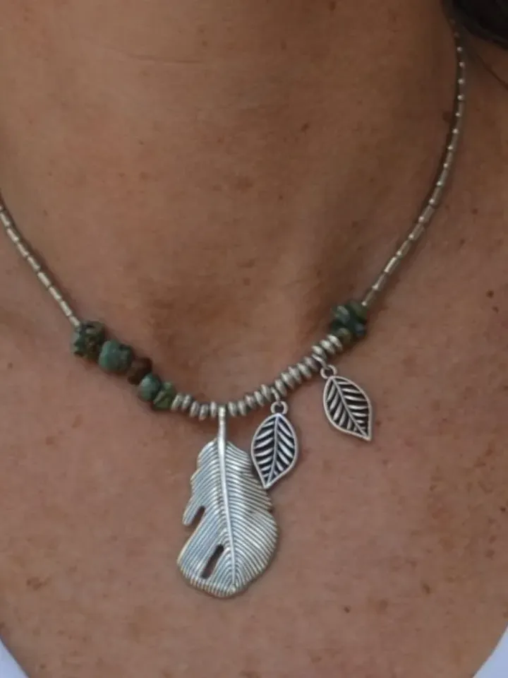 Leaf Necklaces for Women, African Turquoise Beads Necklace Leaves Leaf Pendant, Boho Bohemian Tribal Jewelry, Earth Nature Gift for Women