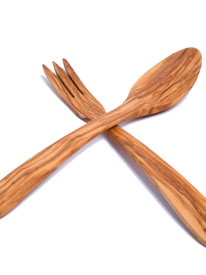 Wooden Curved Salad Server (Spoon + Fork) made of Olive Wood 30 cm / 11.81" - AKwood Handcrafted Olive Wood Cooking Utensils