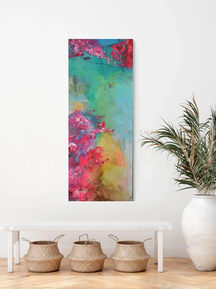 Abstract Floral Painting, Large Floral Wall Art, Long Narrow art, Pink Abstract Floral Art, Original Artwork, Floral Painting on Canvas