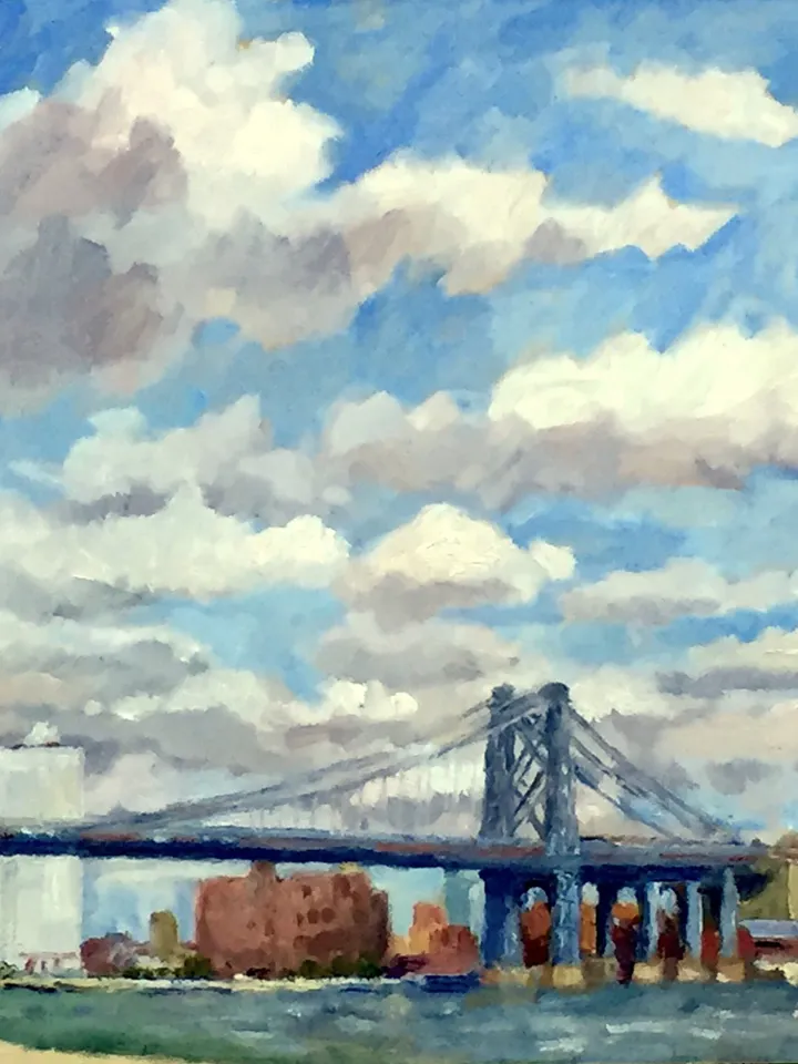 New York City Landscape Painting -Williamsburg Bridge/NYC Summer Sky- 11x14 Oil on Panel, Contemporary Impressionist Fine Art