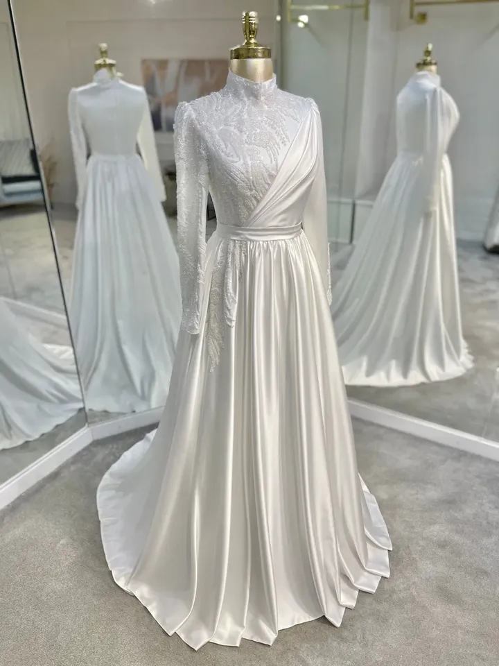 AHUNARE HIJAB - Lara White Satin Embroidered Wedding Dress, Muslim Evening Gown, Nikah, Islamic Wedding, Engagement, Bridesmaid,