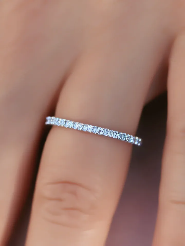 WOMEN ETERNITY RING | Micro Pave Simulated Diamonds Wedding Ring Band | Eternity 14k White Gold Stacking Ring | Natural Diamond Ring