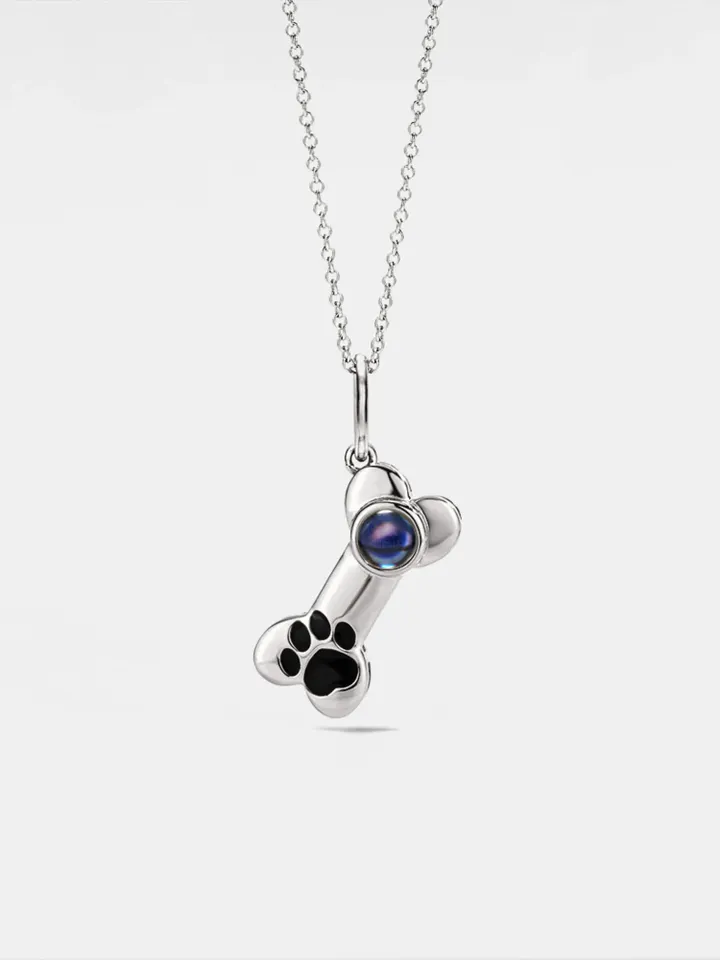 PERIMADE Dog Paw Bone Projection Necklace • Personalized Picture Inside Pendant • Sterling Silver Keepsake Jewelry • Trendy Best Friend Gift