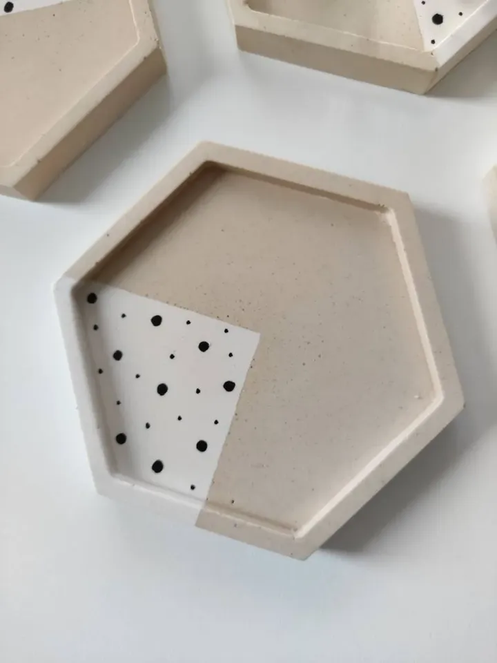 Jesmonite hexagonal trays / coasters in neutral colours with dots