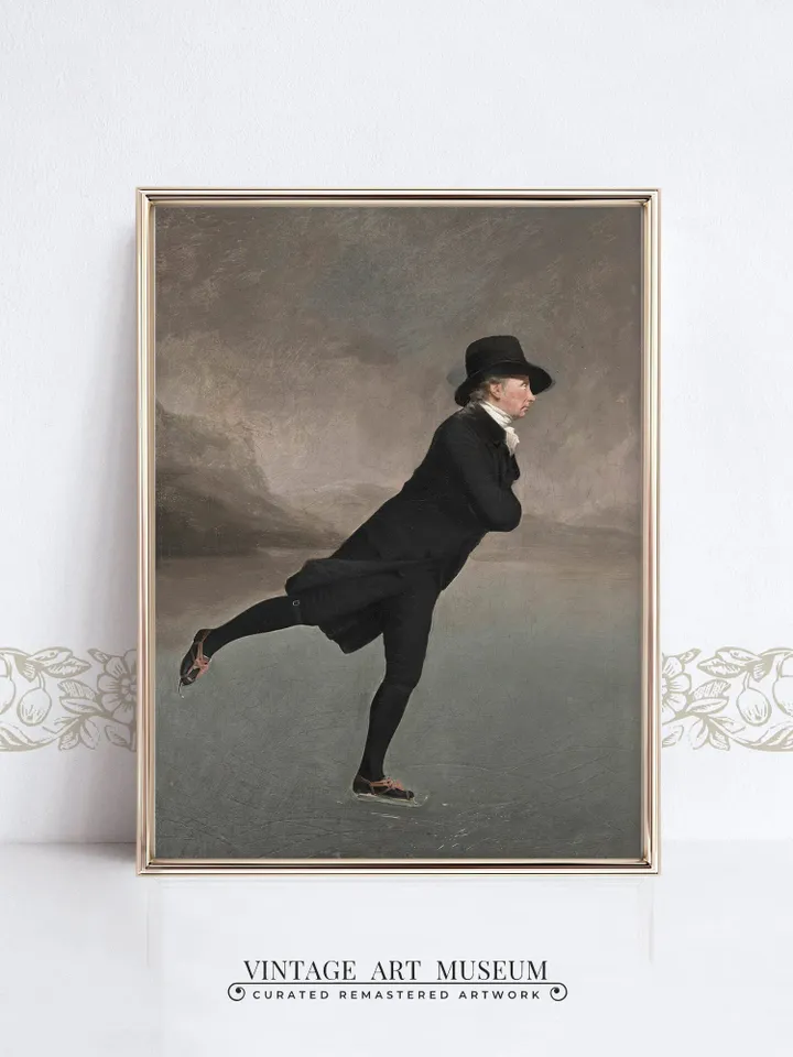 Winter Wall Art Vintage Portrait Antique Oil Painting, Gentleman Skating PRINTABLE, Large Moody Holiday Decor, Digital Downloadable | 328