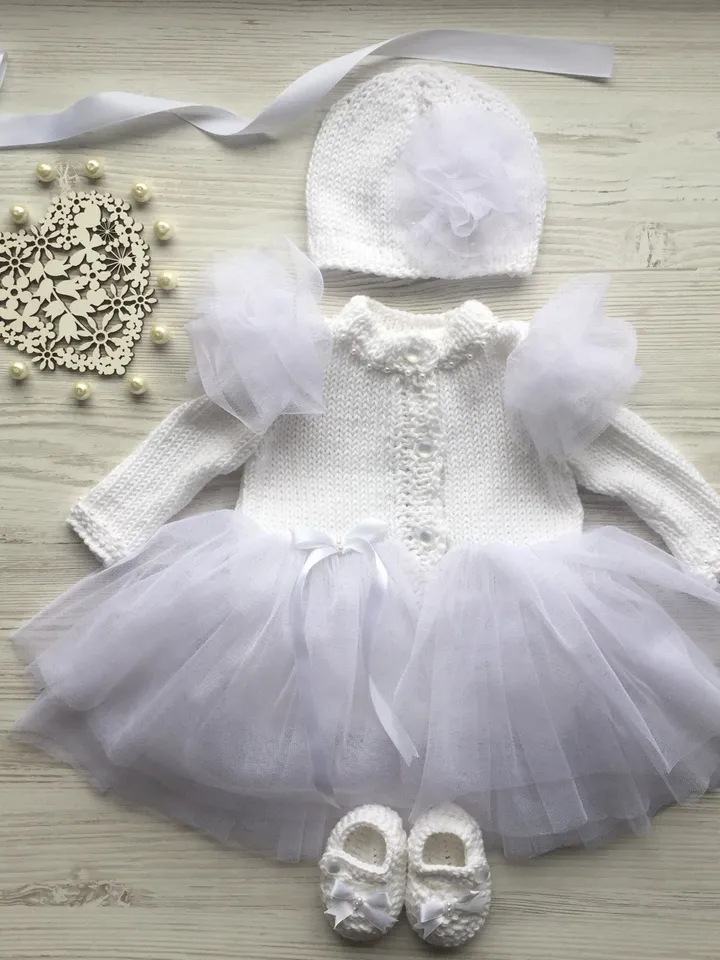 Hand made baby outfit. Knitting outfit for baby girl. Take home outfit for baby girl. Baptism outfit for baby girl. Baby shower gift .