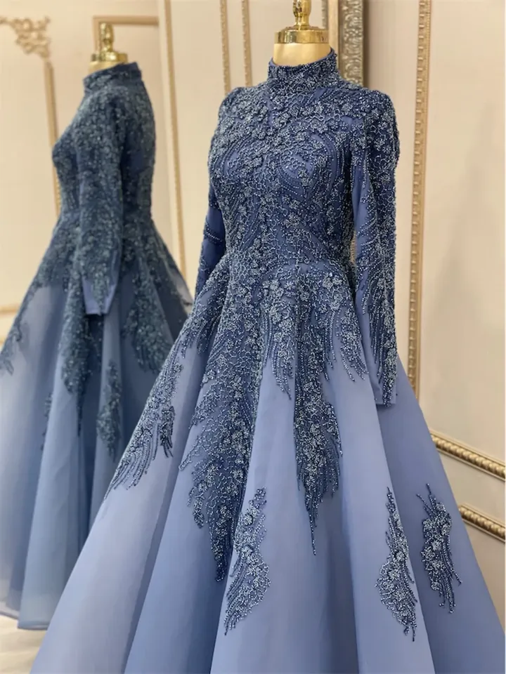 AHUNARE HIJAB - Petek Navy blue Handwork Embroidered  Wedding Dress, Muslim Evening Gown, Nikah, Islamic Wedding, Engagement, Bridesmaid,