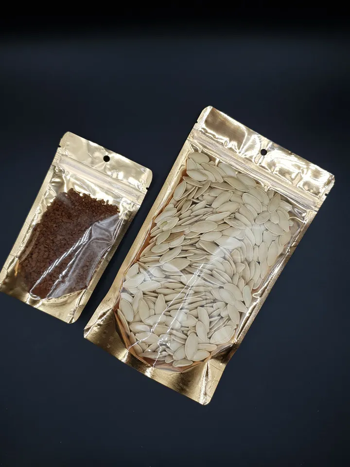 Gold Metalized STAND UP POUCH One side Clear with Zipper Locked Bag,Resealable Bags coffee Nuts Chocolate Heat Sealable, Sweet Candy Tea Bag
