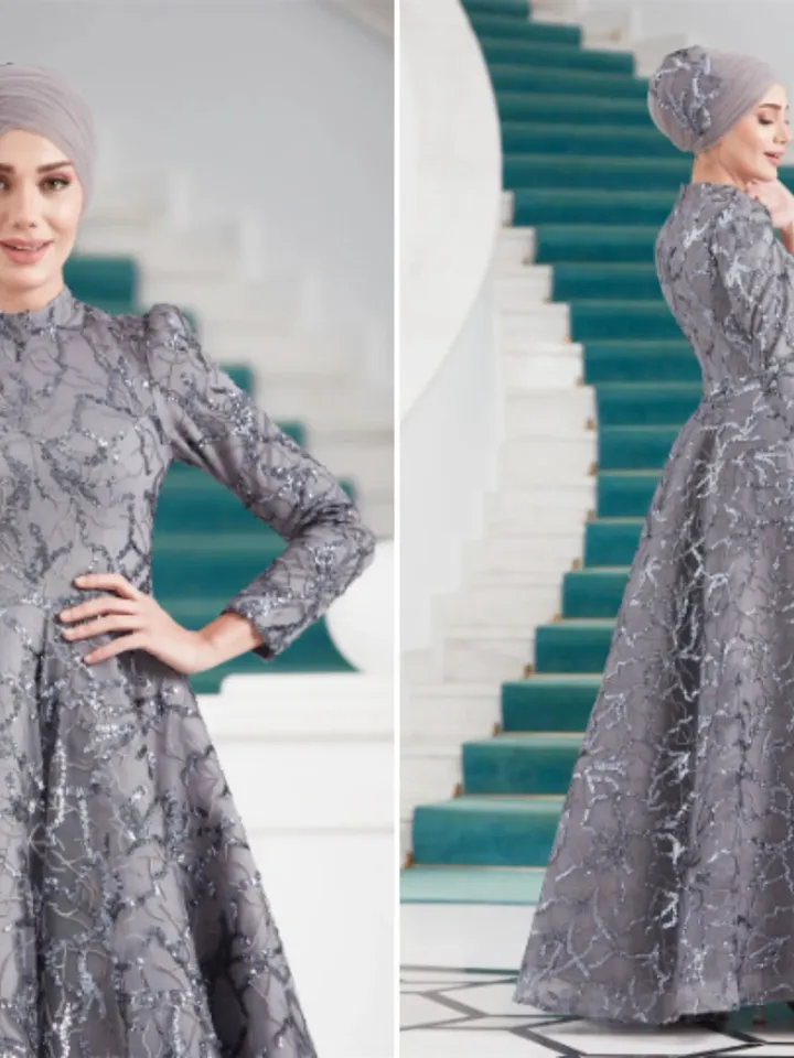 AHUNARE HIJAB - Salkım Grey Embroidered Wedding Dress, Muslim Evening Gown, Nikah, Islamic Wedding, Engagement, Bridesmaid,