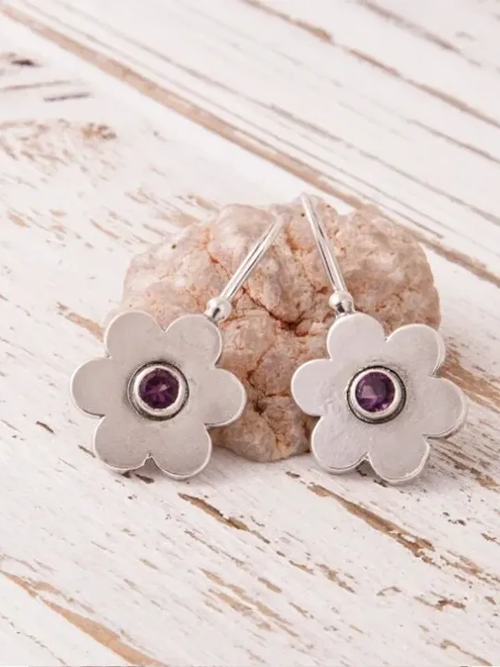 Sterling Silver Dangle Flower Earrings with Amethysts