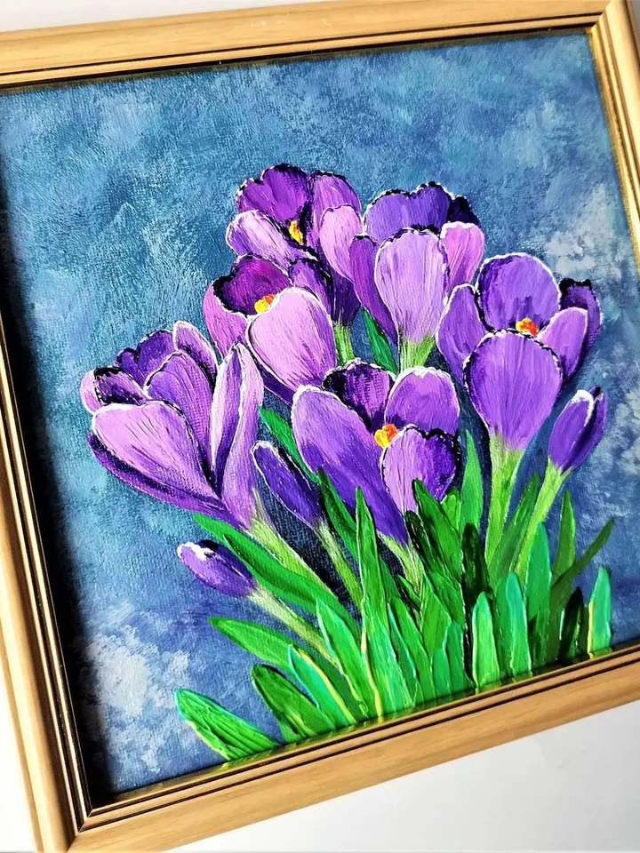 Crocuses painting Crocus bouquet Impasto painting artwork Purple Flowers palette knife painting