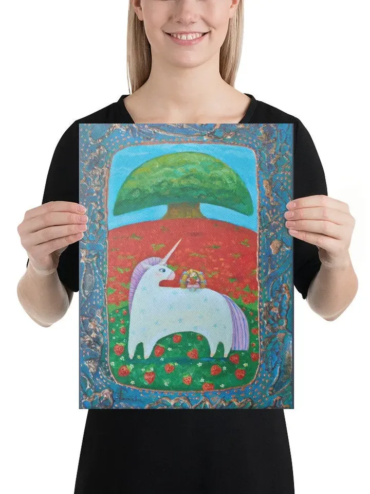 White unicorn and princess in a strawberry field, Painting for a nursery, Painting for a girl room, print on canvas, Wall décor, Art wall
