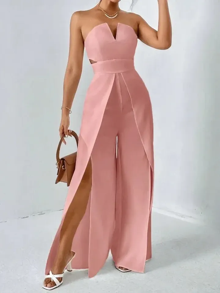 Pink Solid Notched Neck Sleeveless Strapless Split Thigh Leg Tube Jumpsuit Women Ladies Casual Party Evening