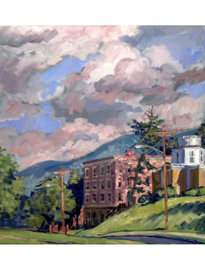 Williams College Landscape Painting - Summer Clouds/Williamstown - 16x16 Oil on Canvas, American Plein Air Impressionist Signed Original