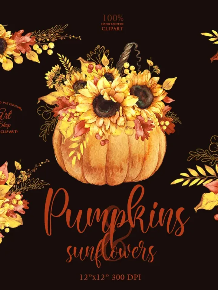 Sunflower Watercolor Clipart, Rustic hand-painted, Autumn orange leaves