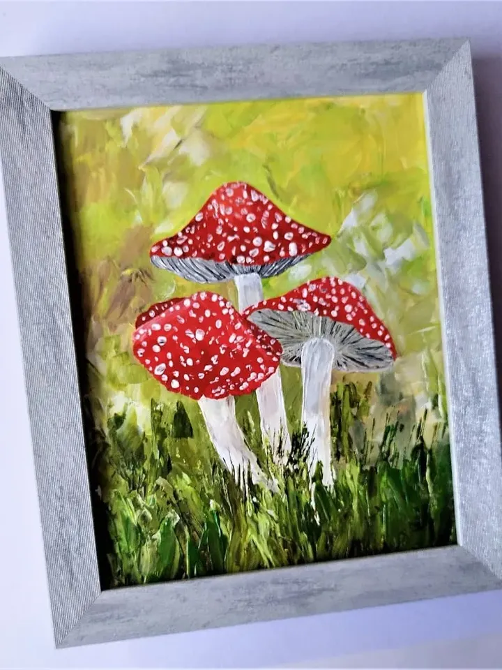 Mushroom paintings, Realistic mushroom painting, 3 mushrooms, Impasto paintings for sale