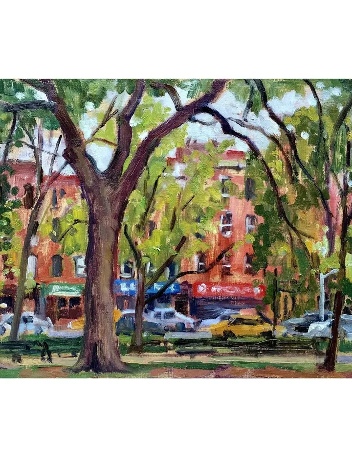 New York Cityscape Painting -Ave A/Tompkins Sq Park/East Village NYC - 8x15 Oil on Panel, New York Impressionist Signed Original Fine Art