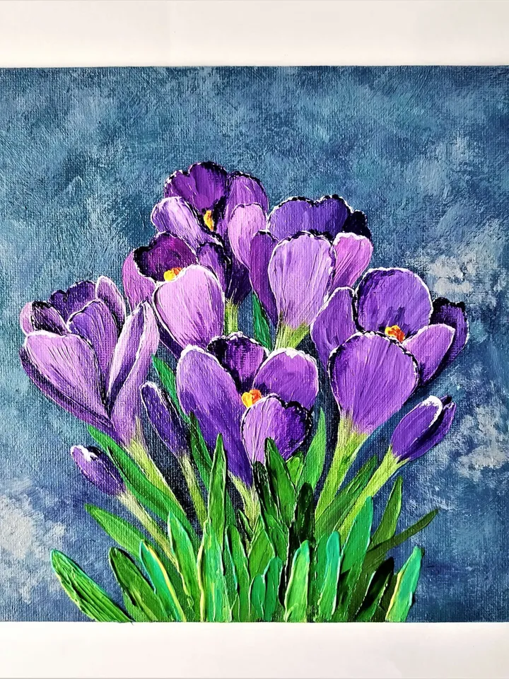 Crocuses painting Crocus bouquet Impasto painting artwork Purple Flowers palette knife painting