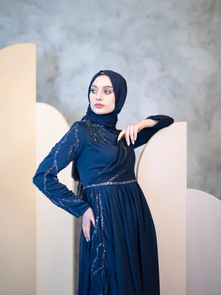 AHUNARE HIJAB - Şura Navy Blue Chiffon Wedding Dress, Muslim Evening Gown, Nikah, Islamic Wedding, Engagement, Bridesmaid,