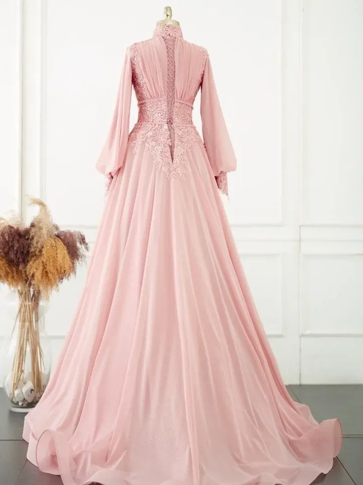 AHUNARE HIJAB - Neva Powder Pink Embroidered Wedding Dress, Muslim Evening Gown, Nikah, Islamic Wedding, Engagement, Bridesmaid,