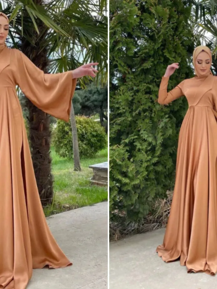 AHUNARE HIJAB - Feraye Orange Satin Wedding Dress, Muslim Evening Gown, Nikah, Islamic Wedding, Engagement, Bridesmaid,