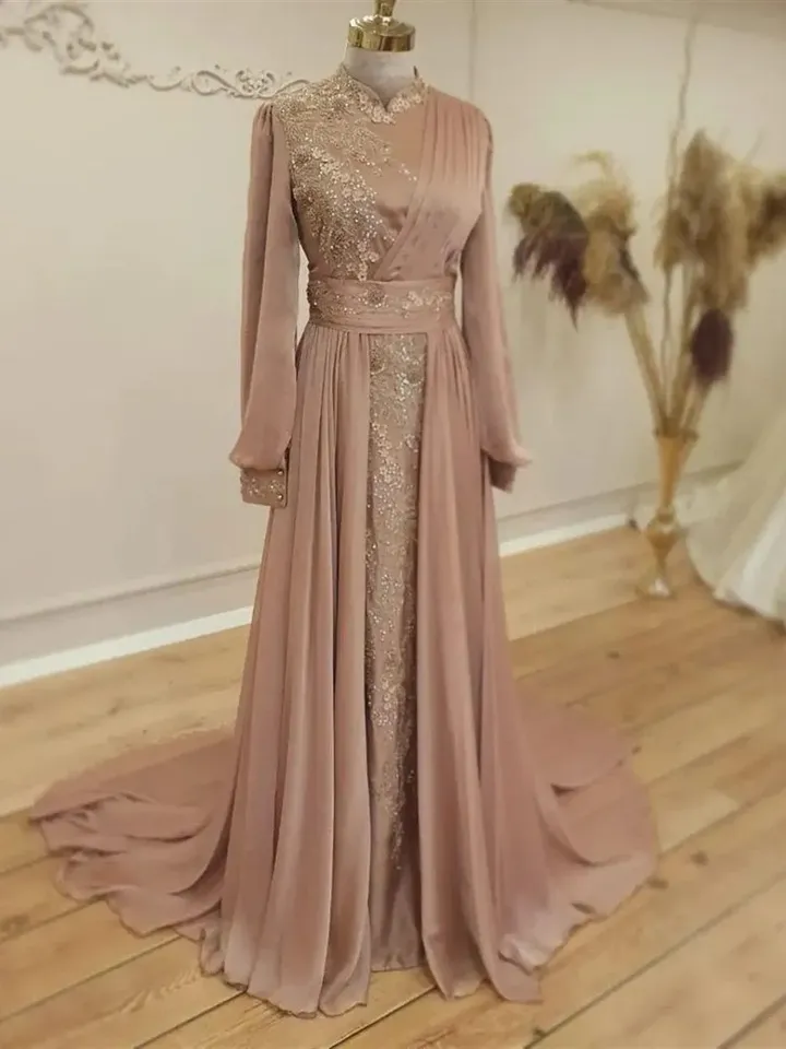 AHUNARE HIJAB - Elit Powder Chiffon Tailed Wedding Dress, Muslim Evening Gown, Nikah, Islamic Wedding, Engagement, Bridesmaid,