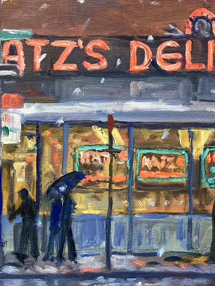 Katz's Delicatessen/NYC - New York Winter Cityscape Painting, 16x20 Oil on Canvas, Impressionist Snow Scene