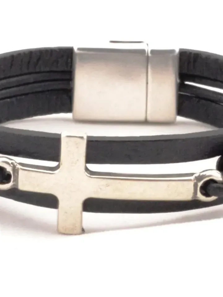 Sideways Cross Bracelet, Leather Bracelet for Men, Confirmation Baptism Gift, Christian Catholic Jewelry, Religious  Gifts for Men and Women