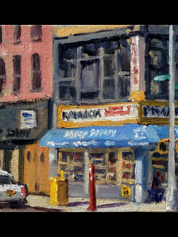 Small New York Cityscape Painting -Farmacia/LES/NYC- 7x7 Oil on Panel, Urban Plein Air Impressionist Fine Art, Signed New York City Original