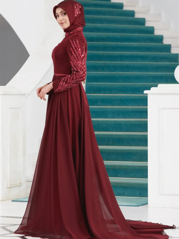 AHUNARE HIJAB - Liz Burgundry Chiffon Wedding Dress, Muslim Evening Gown, Nikah, Islamic Wedding, Engagement, Bridesmaid,