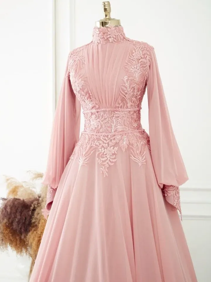 AHUNARE HIJAB - Neva Powder Pink Embroidered Wedding Dress, Muslim Evening Gown, Nikah, Islamic Wedding, Engagement, Bridesmaid,