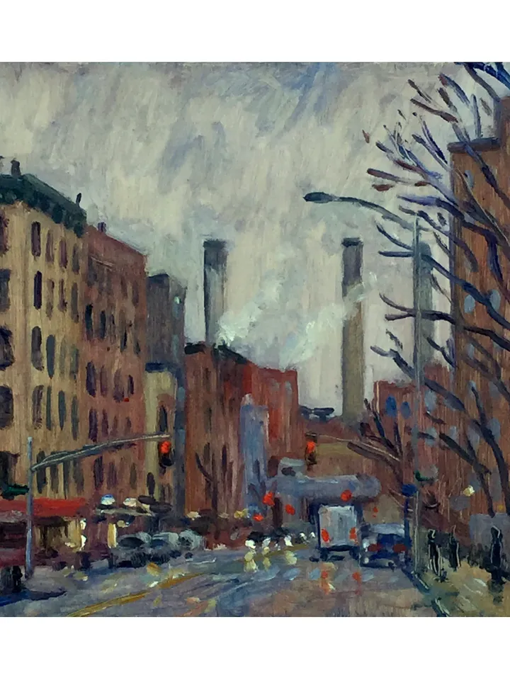 Original New York Cityscape Painting -Twilight/Avenue D/NYC- 7x7 Oil on Panel, Impressionist Landscape, Signed Original American Fine Art