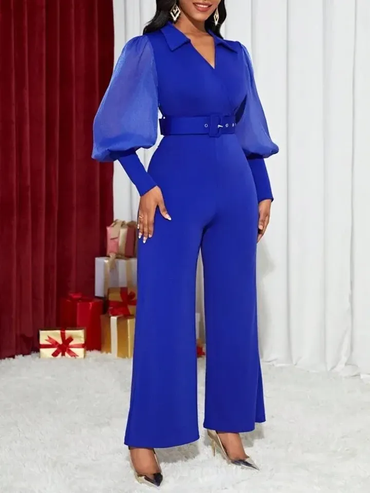 Blue Collar V Neck Bishop Sleeve Belted Wide Leg Jumpsuit Casual Women Ladies