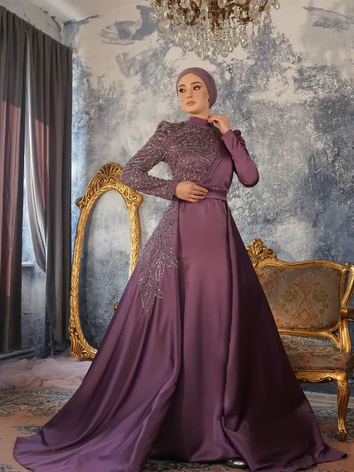 AHUNARE HIJAB - Zade Satin Plum Peplum Wedding Dress, Muslim Evening Gown, Nikah, Islamic Wedding, Engagement, Bridesmaid,