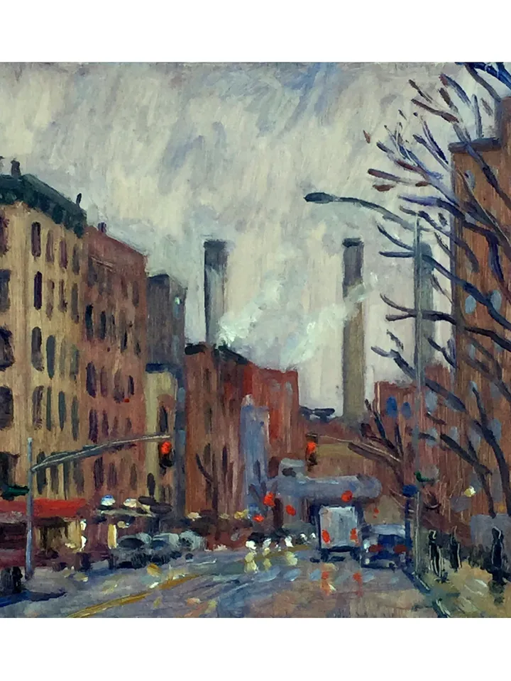 Original New York Cityscape Painting -Twilight/Avenue D/NYC- 7x7 Oil on Panel, Impressionist Landscape, Signed Original American Fine Art